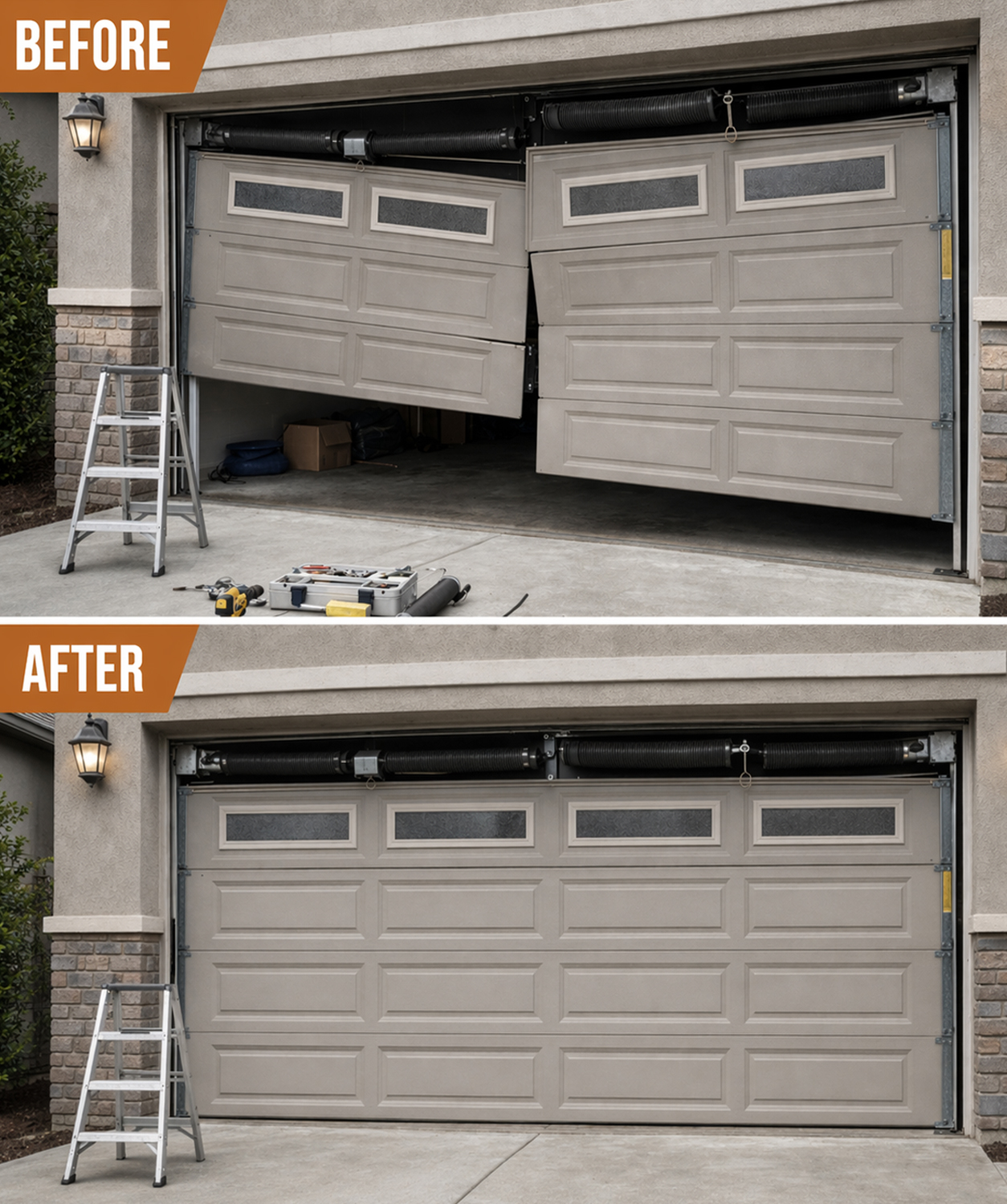 Garage door before & after repairs